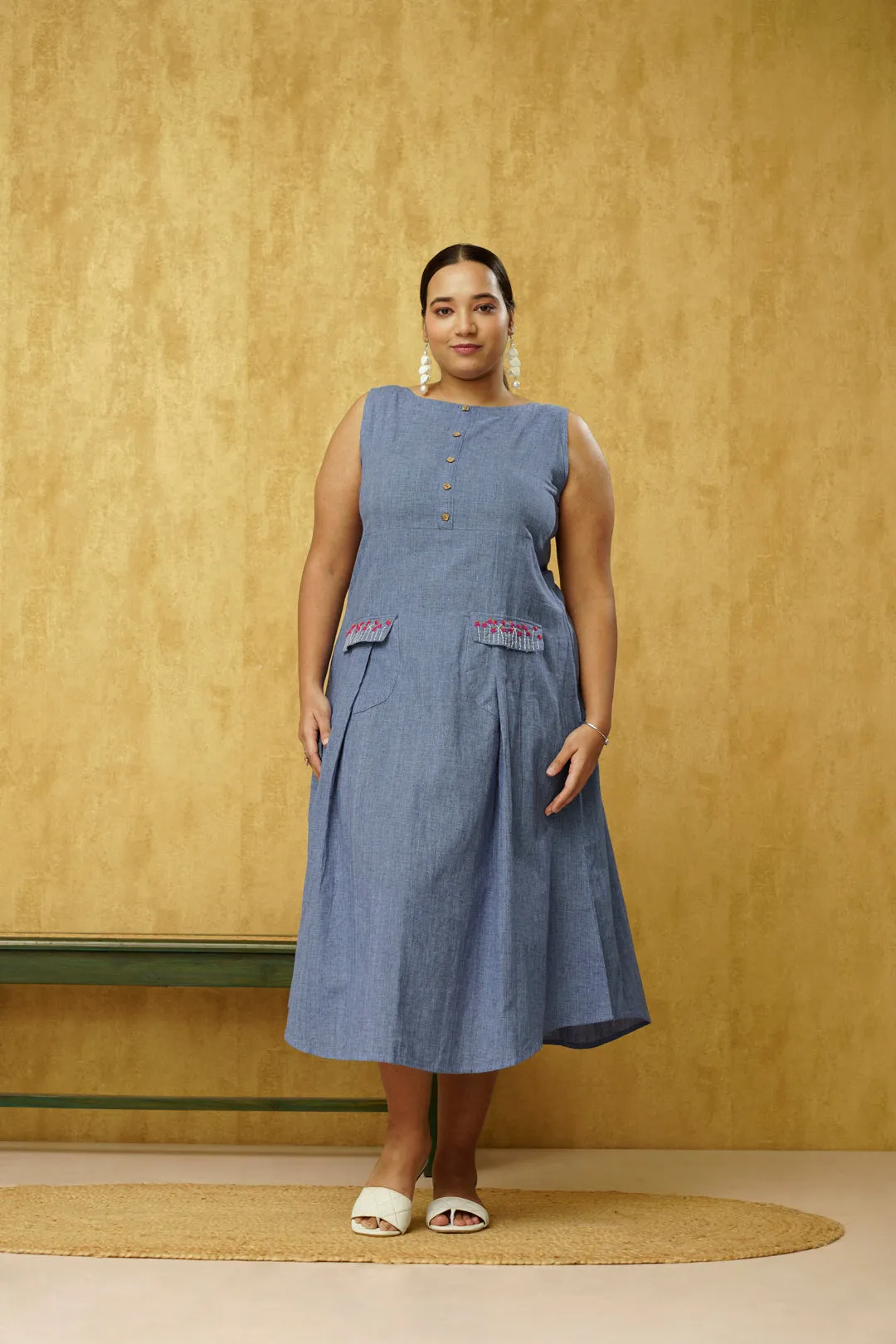 Beautifully designed Denim Blue Dress in Khadi Cotton