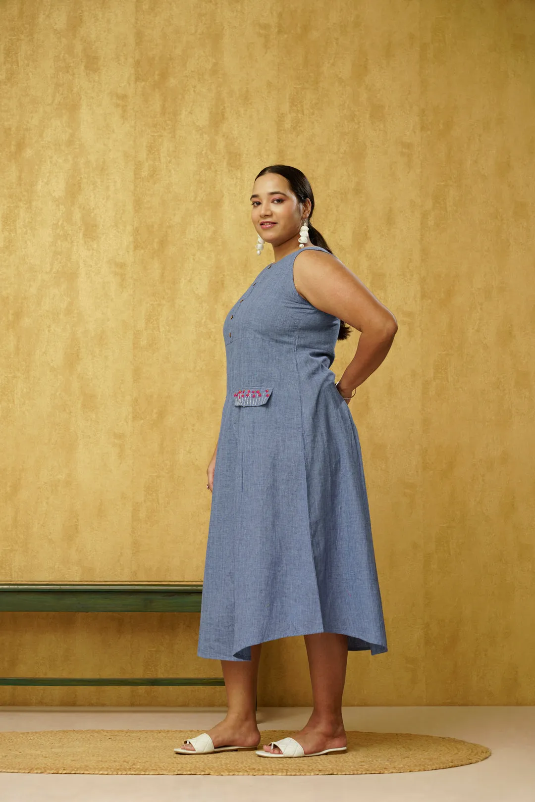 Beautifully designed Denim Blue Dress in Khadi Cotton