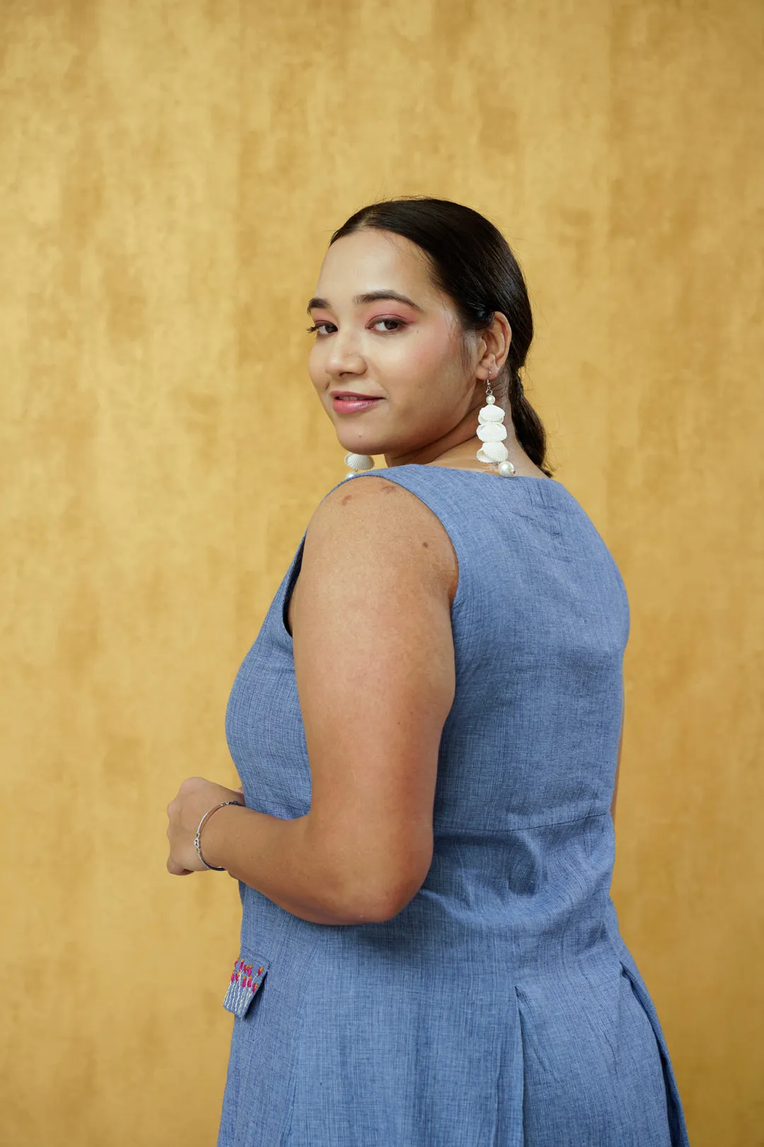 Beautifully designed Denim Blue Dress in Khadi Cotton