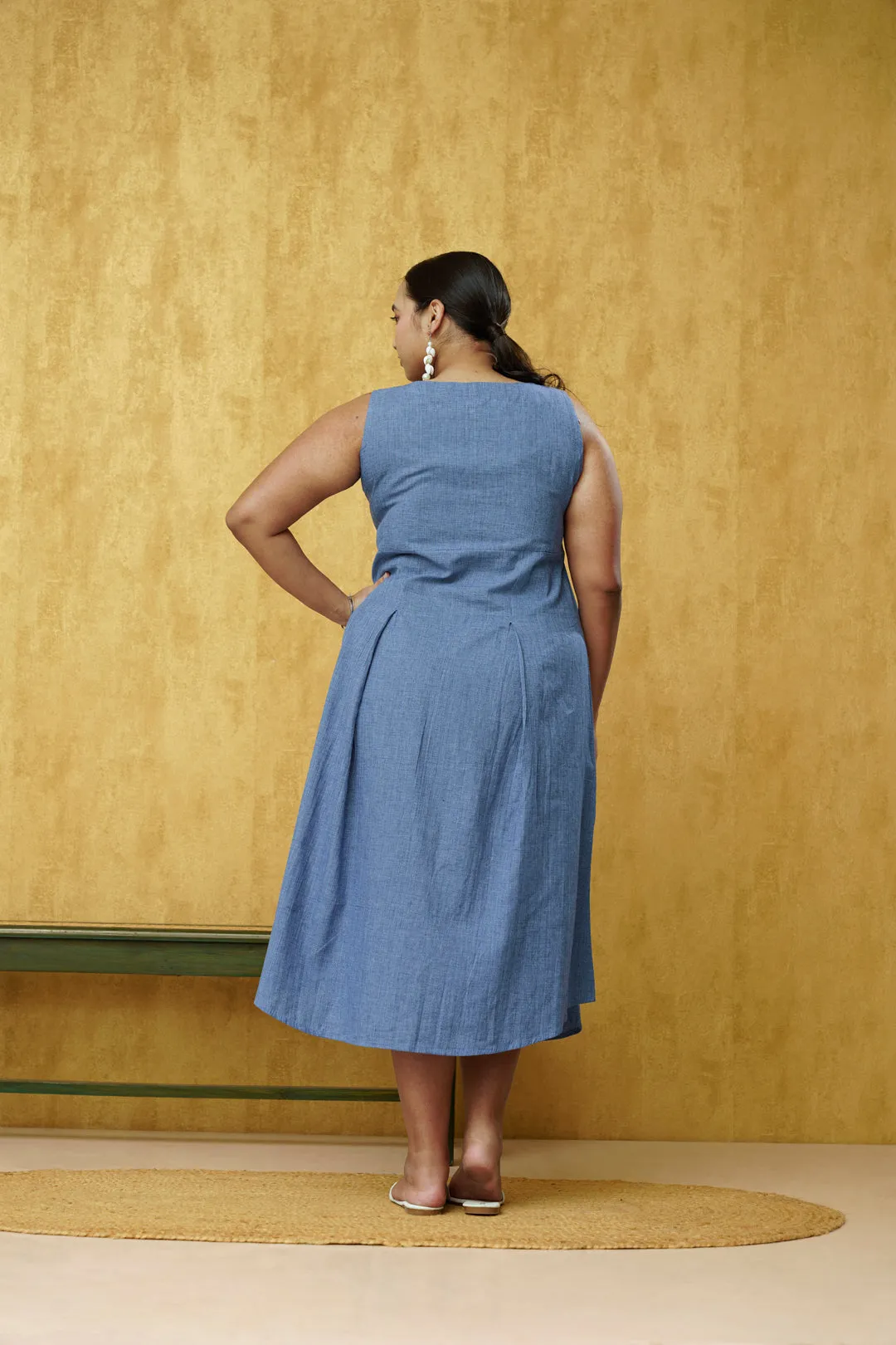 Beautifully designed Denim Blue Dress in Khadi Cotton